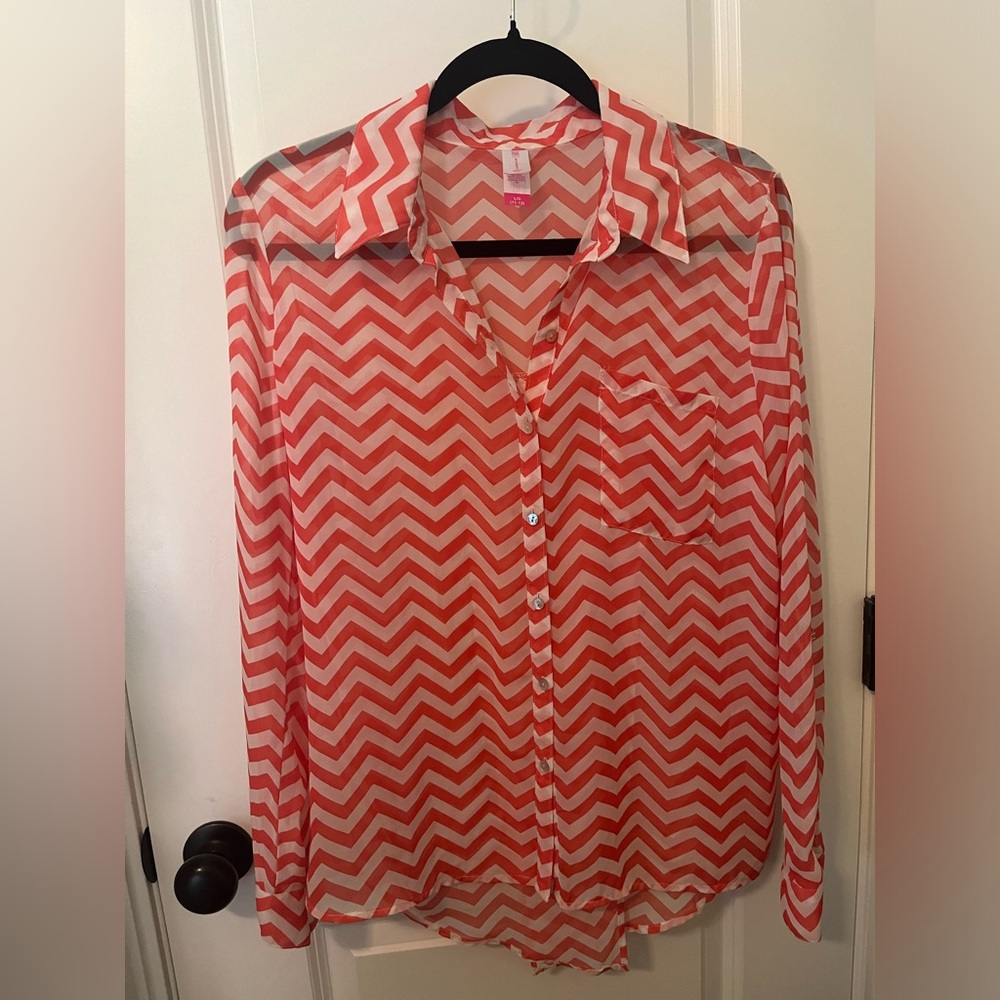 No Boundaries Coral Striped Sheer Button Up Long Sleeve Juniors large